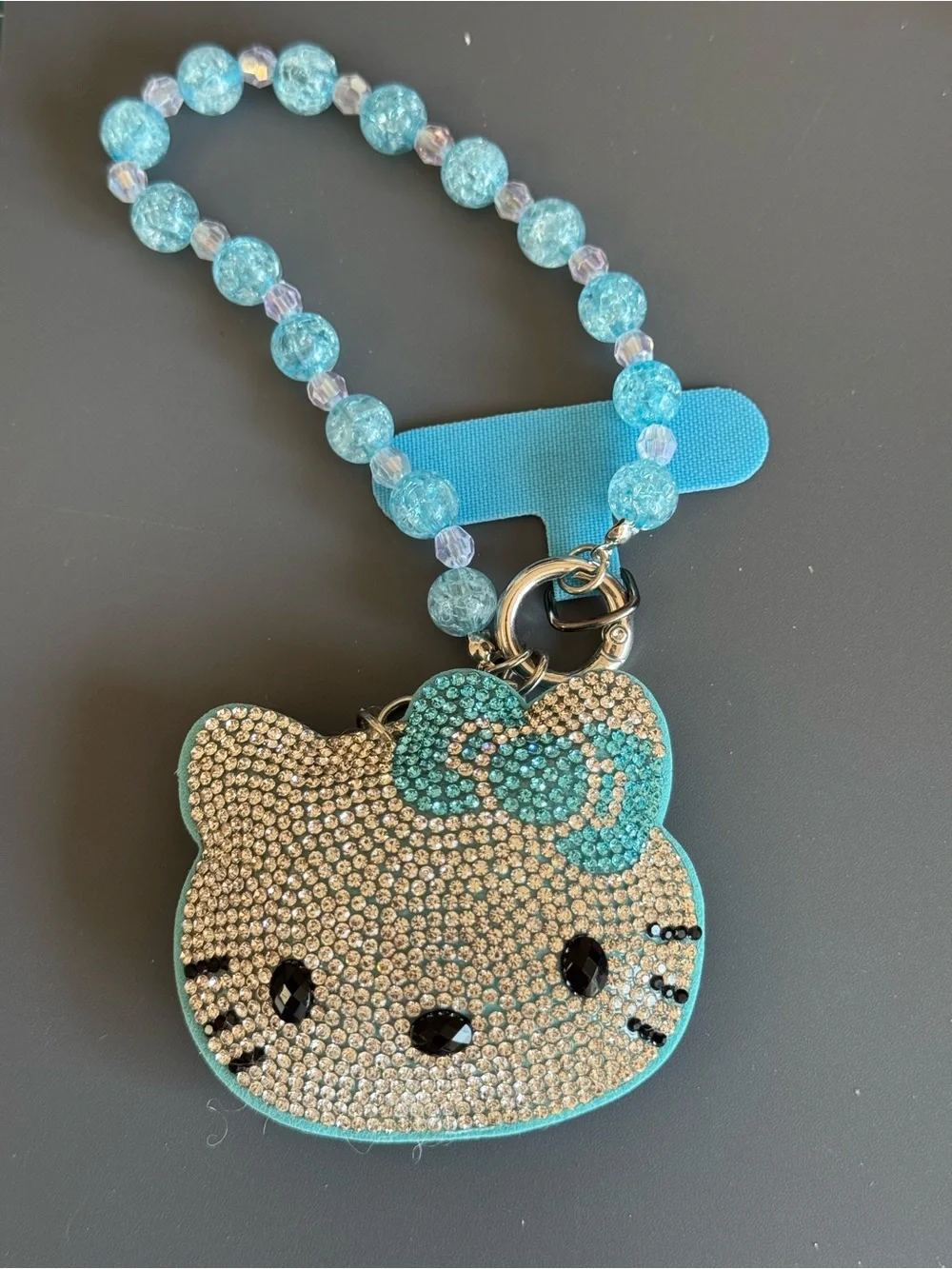 Rhinestone HK Kitty Cartoon Face Phone Charm Wristlet Strap - Light Blue NWOT